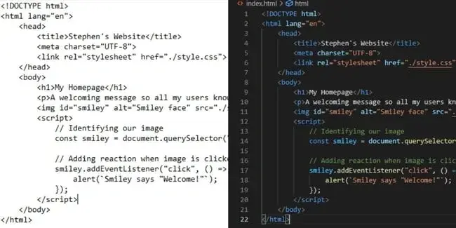 how to code a website: A comparison of a regular text editor with a code editor.