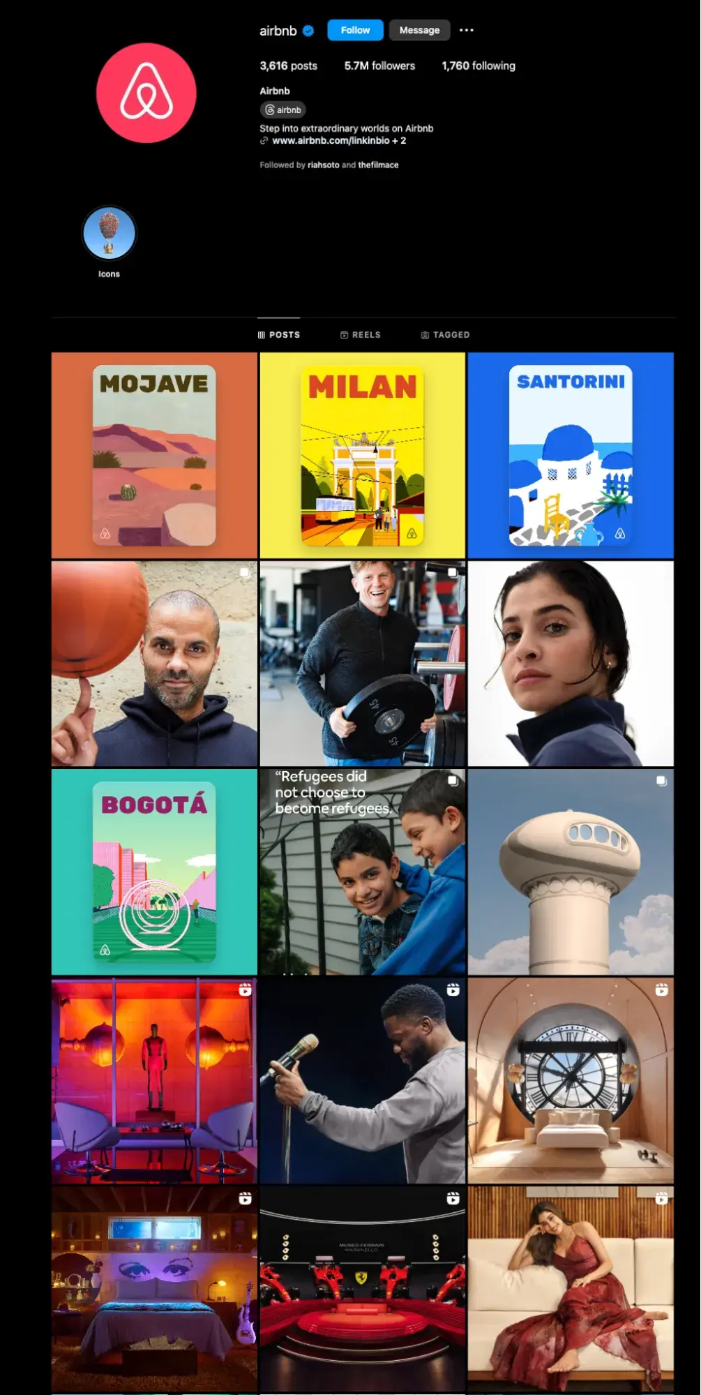 Screenshot showcasing the content mix present on Airbnb’s Instagram profile.