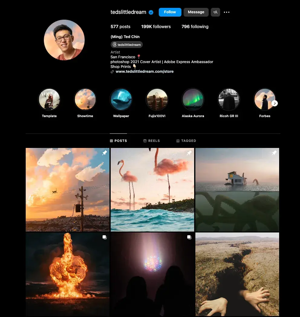 Screenshot showing the Instagram profile of Artist Ming Ted Chin.