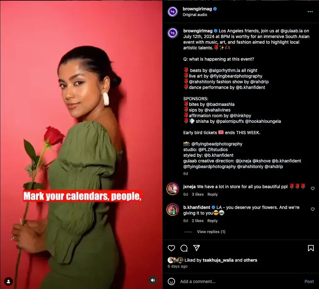 Screenshot showcasing an Instagram post from Brown Girl Magazine that uses roses as bullet points in its caption.