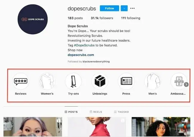 Screenshot of the Instagram account of Dope Scrubs with a red box drawing attention to the highlights portion of the profile.