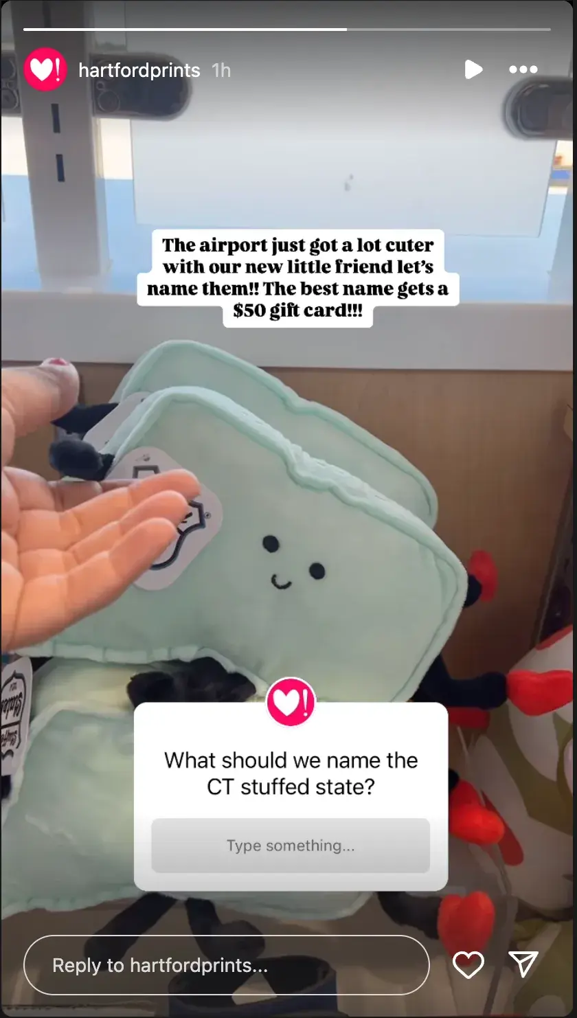 Screenshot of an Instagram Story by Hartford Prints. It shows how the print shop uses a Stories Sticker and contest to engage its followers.