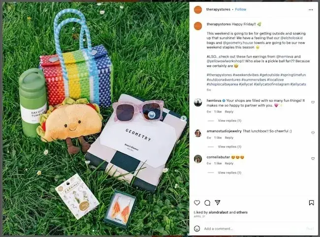 Screenshot showcasing a post from Therapy Stories that tags multiple brands and users.