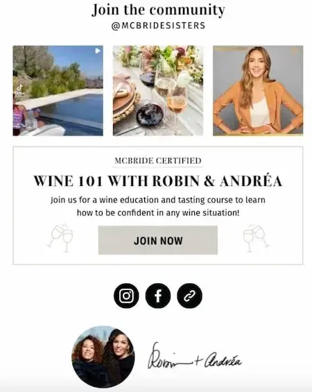 Screenshot showcasing how The McBride Sisters promote their Instagram account at the end of their email newsletter.