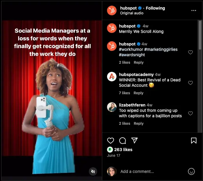 Screenshot of a video on HubSpot’s Instagram profile featuring creator Auberth.