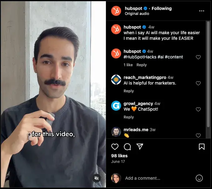 Screenshot of a video on HubSpot’s Instagram profile featuring creator Javi.