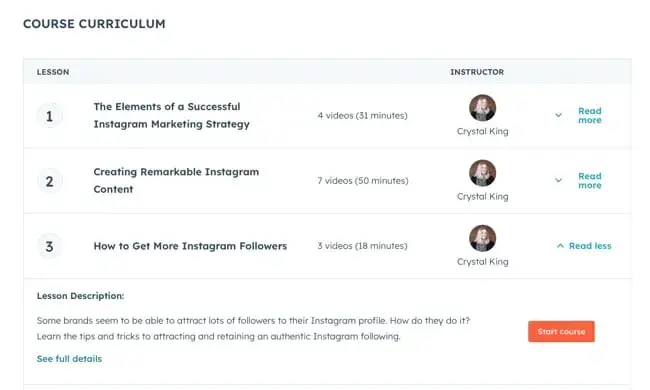 Screenshot showing the course curriculum of HubSpot’s Free Instagram Marketing Course. 