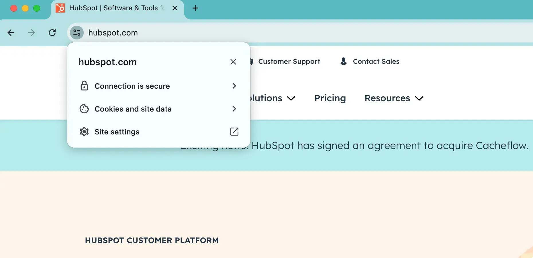 ssl certificate on HubSpot website shown via chrome browser dropdown