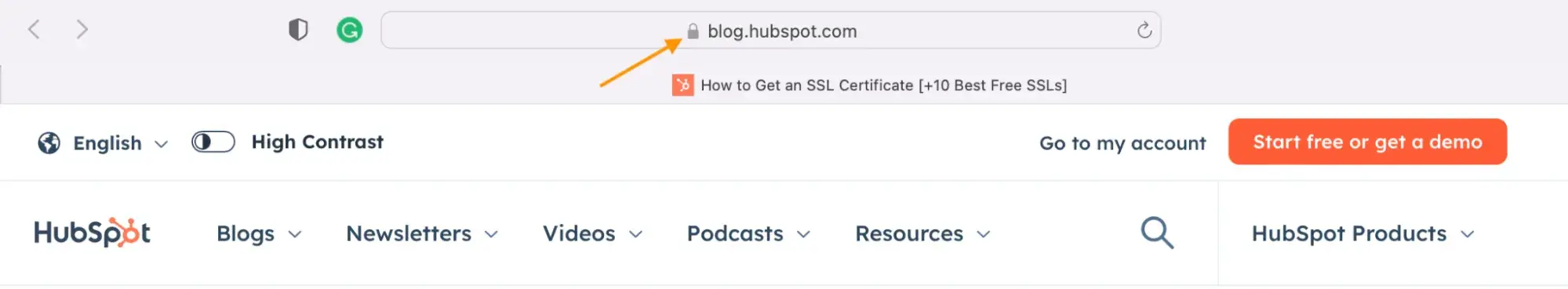 ssl certificate authentication in hubspot url address bar