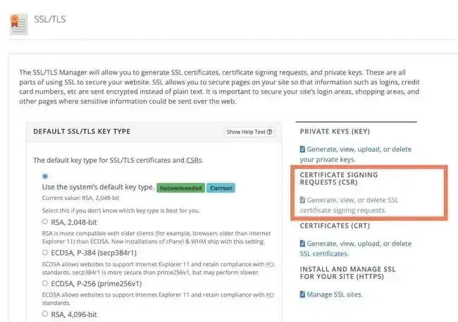 setting up ssl certificate via cpanel, certificate signing request