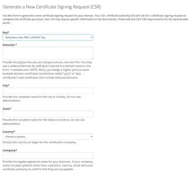 form to set up new certificate signing request