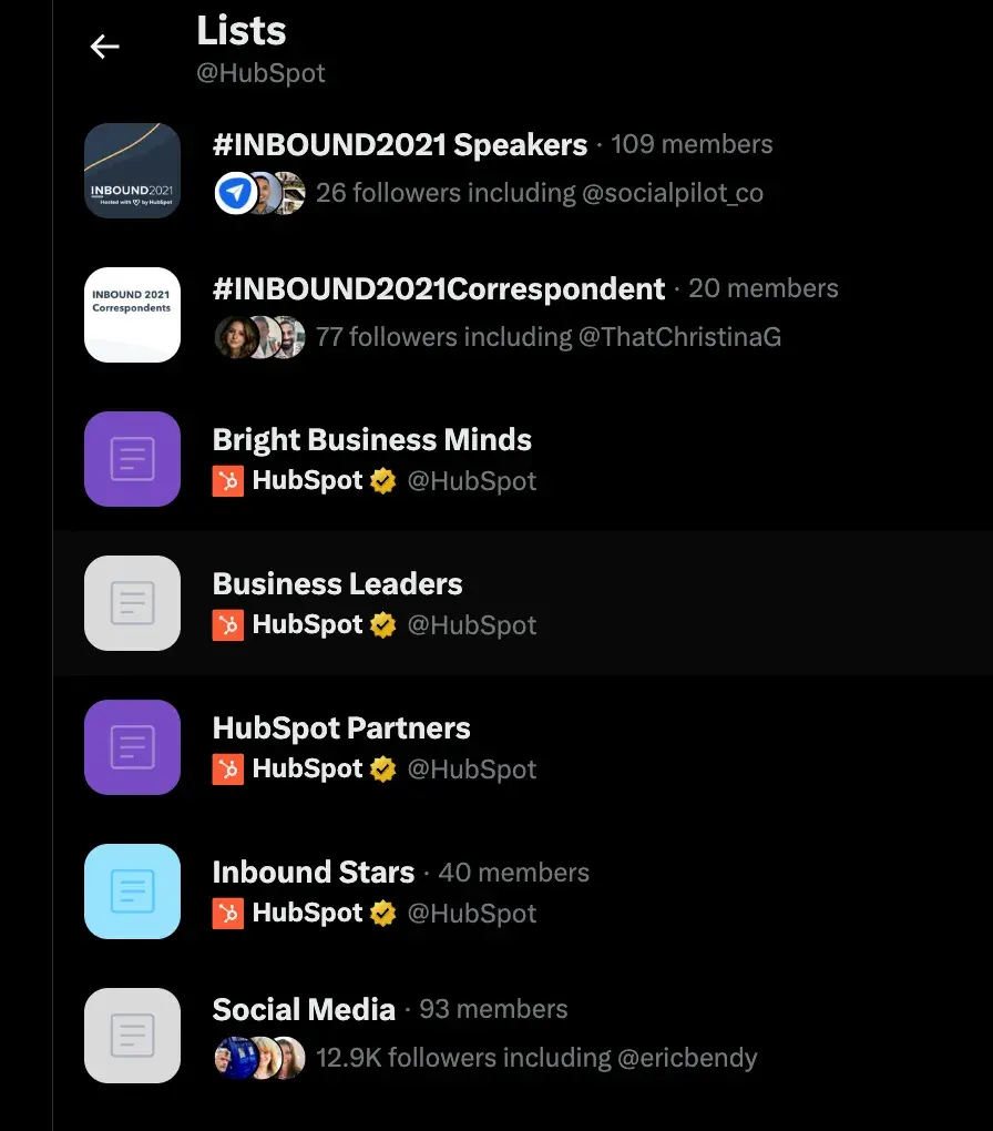 Screencap of lists that HubSpot appears in on Twitter.