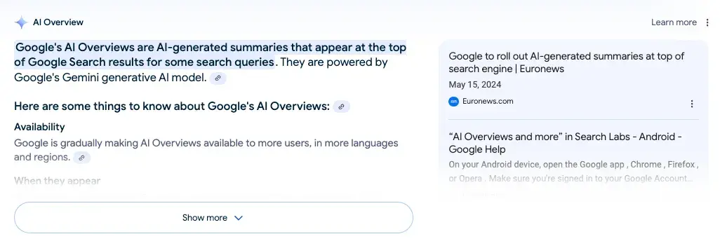 How to get your website noticed on google: Example image of Google’s AI overviews. The content of the overview is related to Google’s AI Overviews and includes a definition of the overviews and two sources on the right.