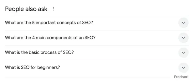 How to get your website noticed on google: Image of the “People also ask” section of the Google search page. It includes four questions related to the initial search with dropdowns.