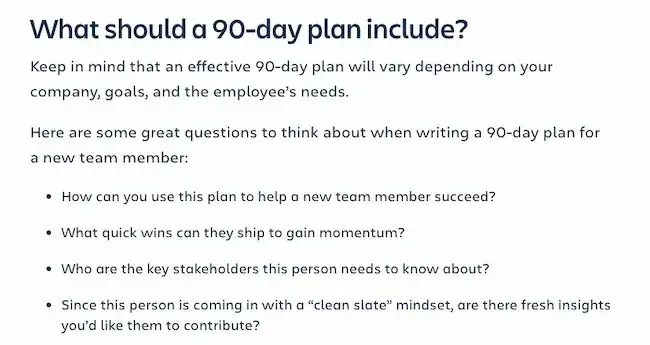 Screenshot showing a guide on how to make a 90-day plan for your employees