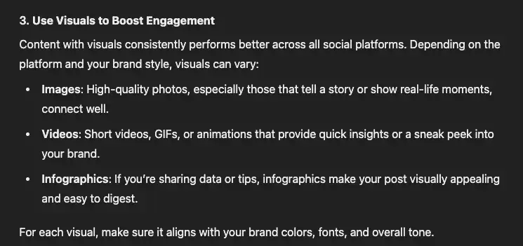 Screenshot showing advice written by chatgpt about writing social media posts.