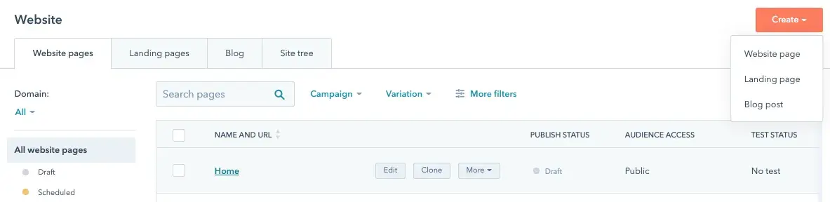 Create a website page, landing page, or blog post in the “Website Pages” tab.