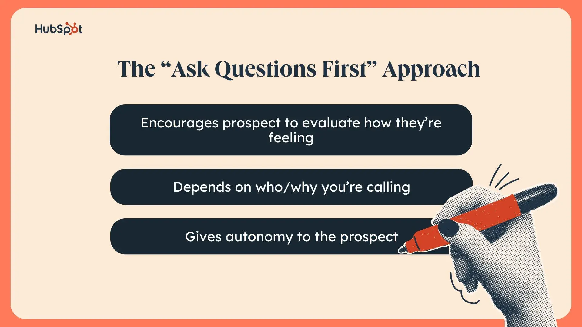 graphic showcasing the key aspects of the ask questions first cold calling approach