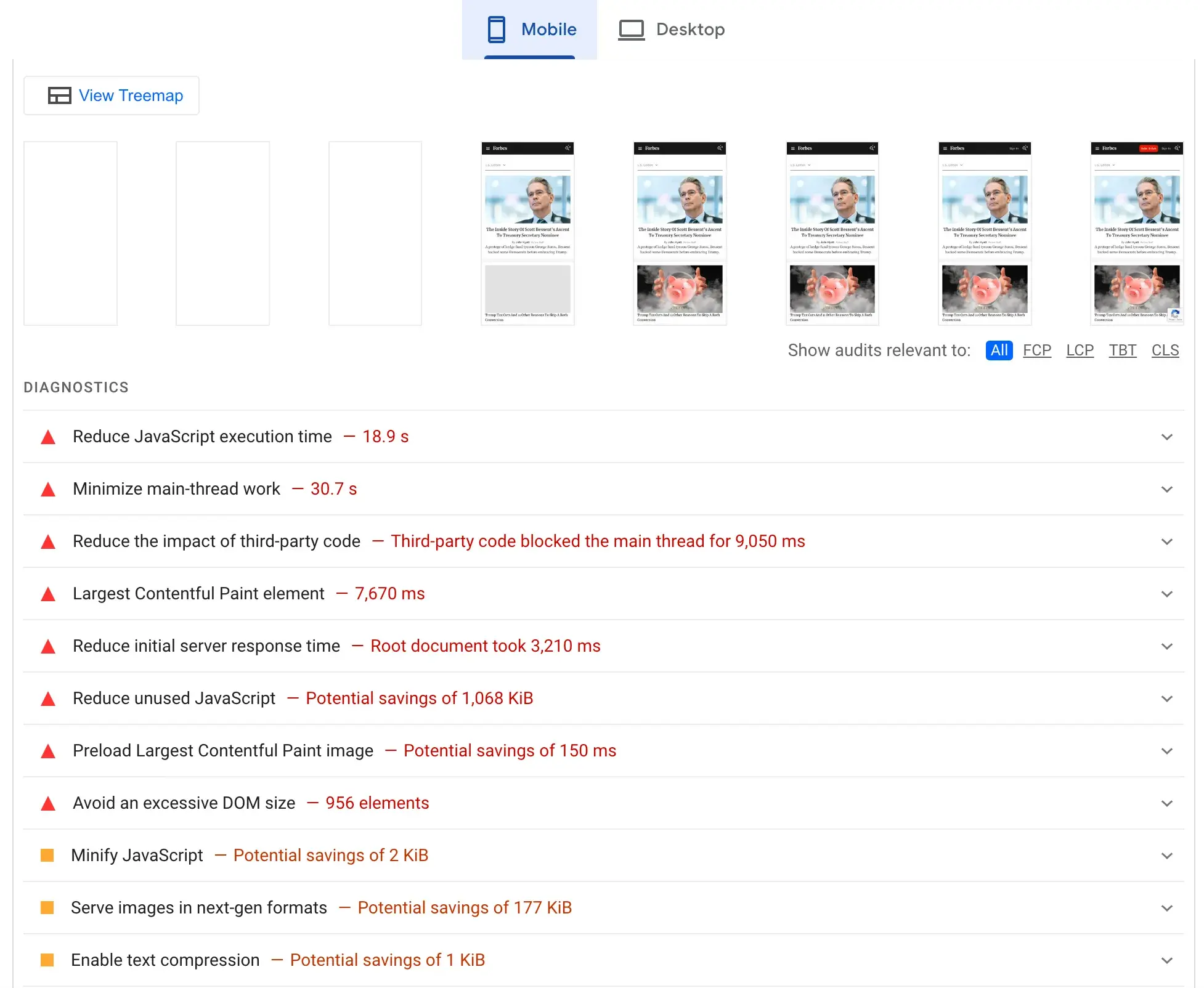 google lighthouse website speed report example for site optimization