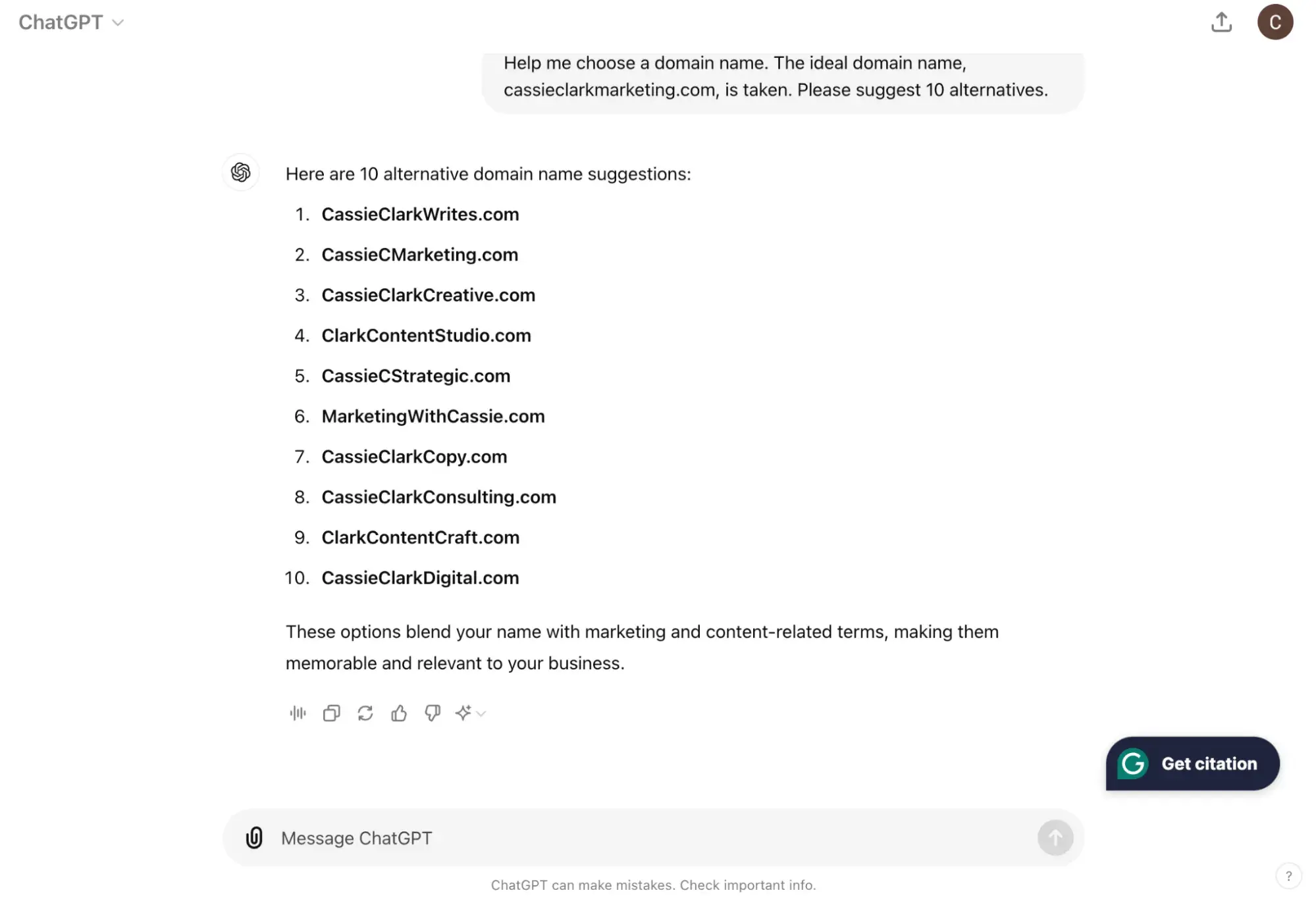 screenshot of ChatGPT; alternative domain name suggestions