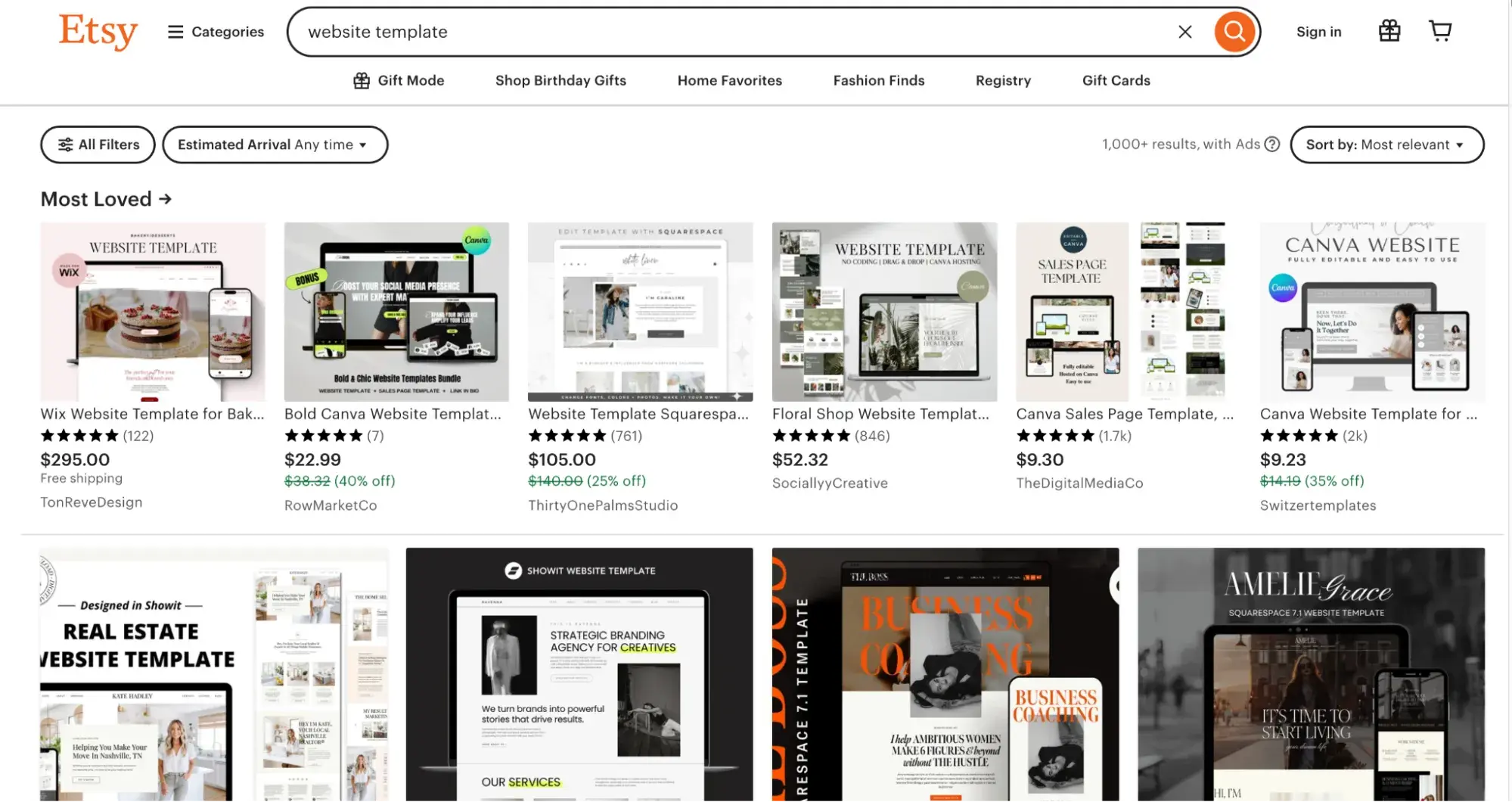 screenshot of Etsy’s website template product results.