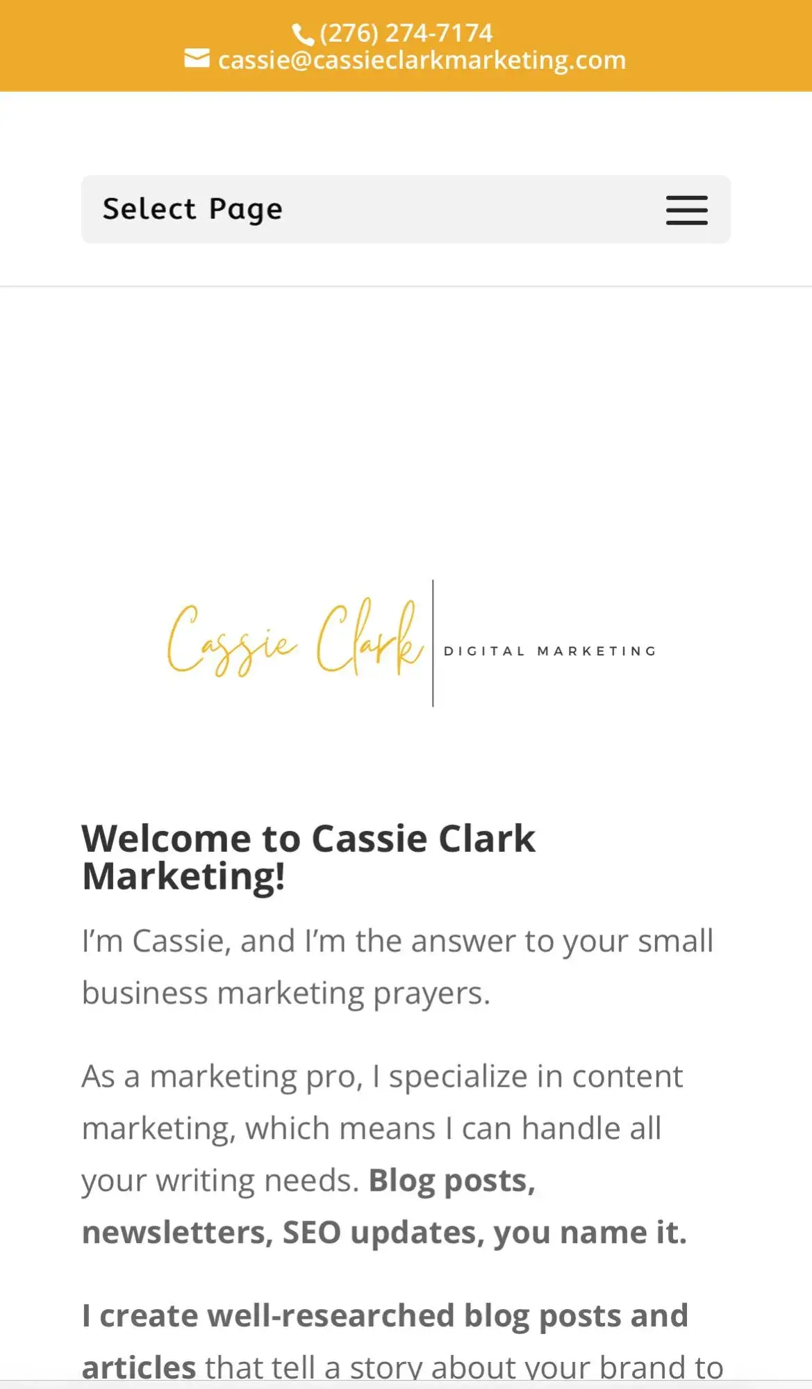 screenshot of Cassie Clark Marketing on a mobile device