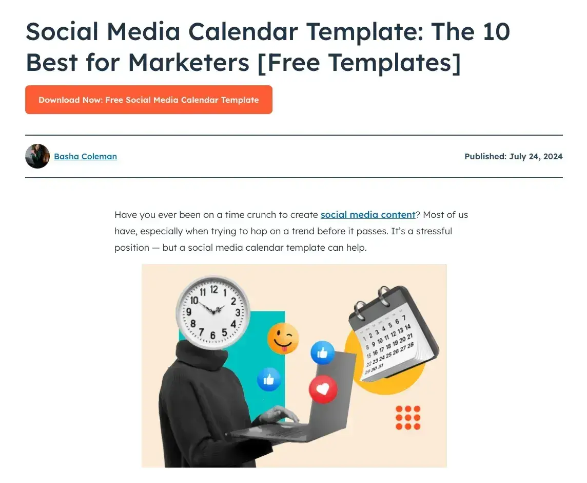 screenshot of hubspot blog post, social media calendar template: the 10 best for marketers