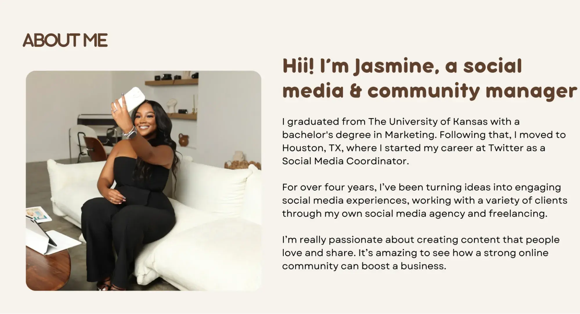 a screenshot of jasmine kings about me section of her digital social media portfolio