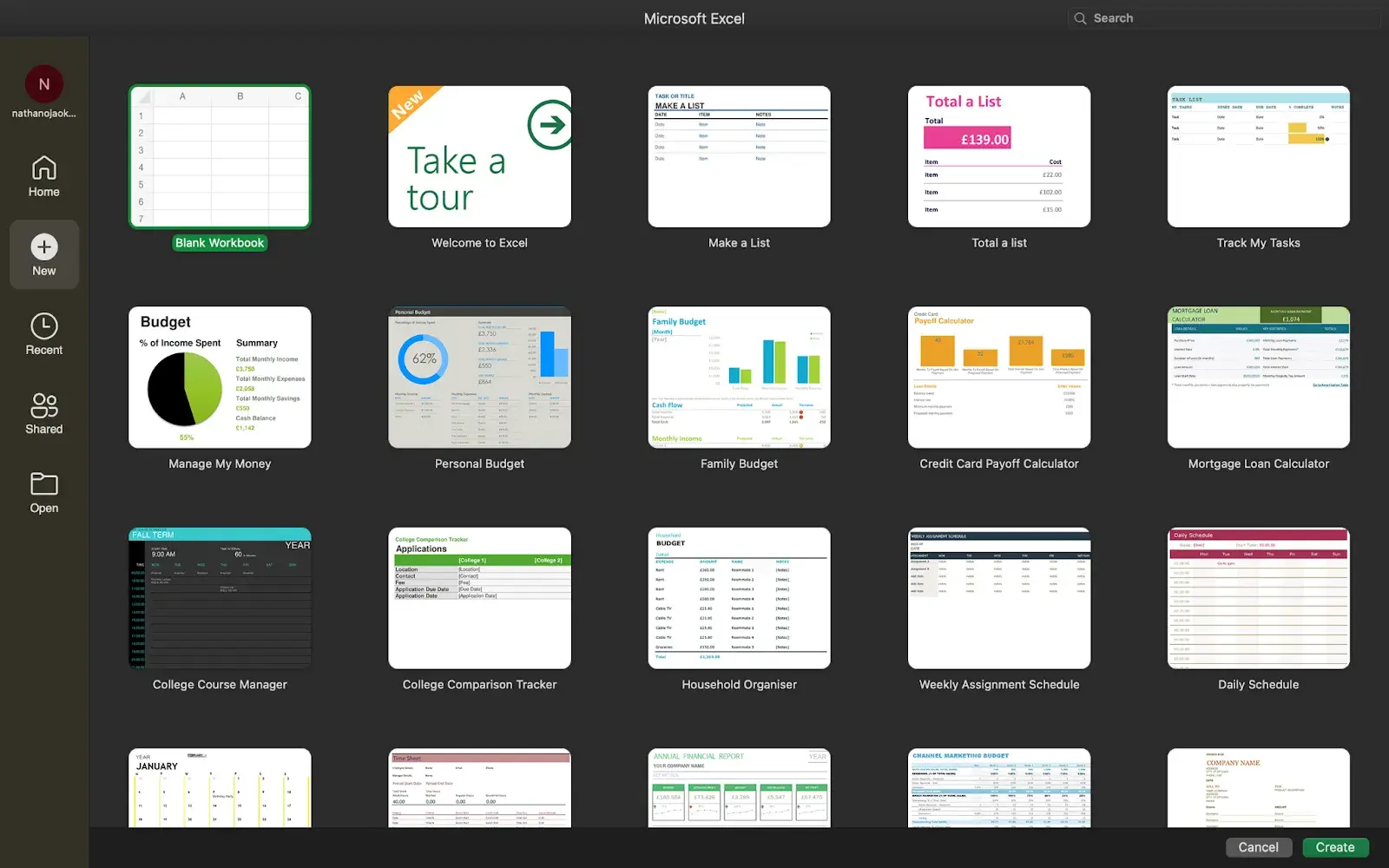 microsoft excel templates screen