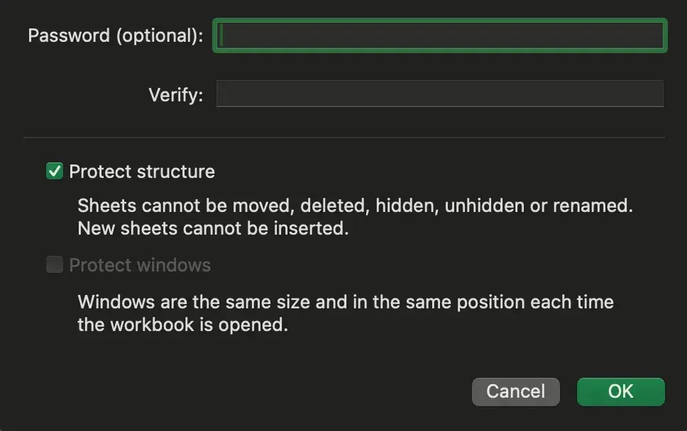 image of screen when securing excel worksheet with password to protect structure