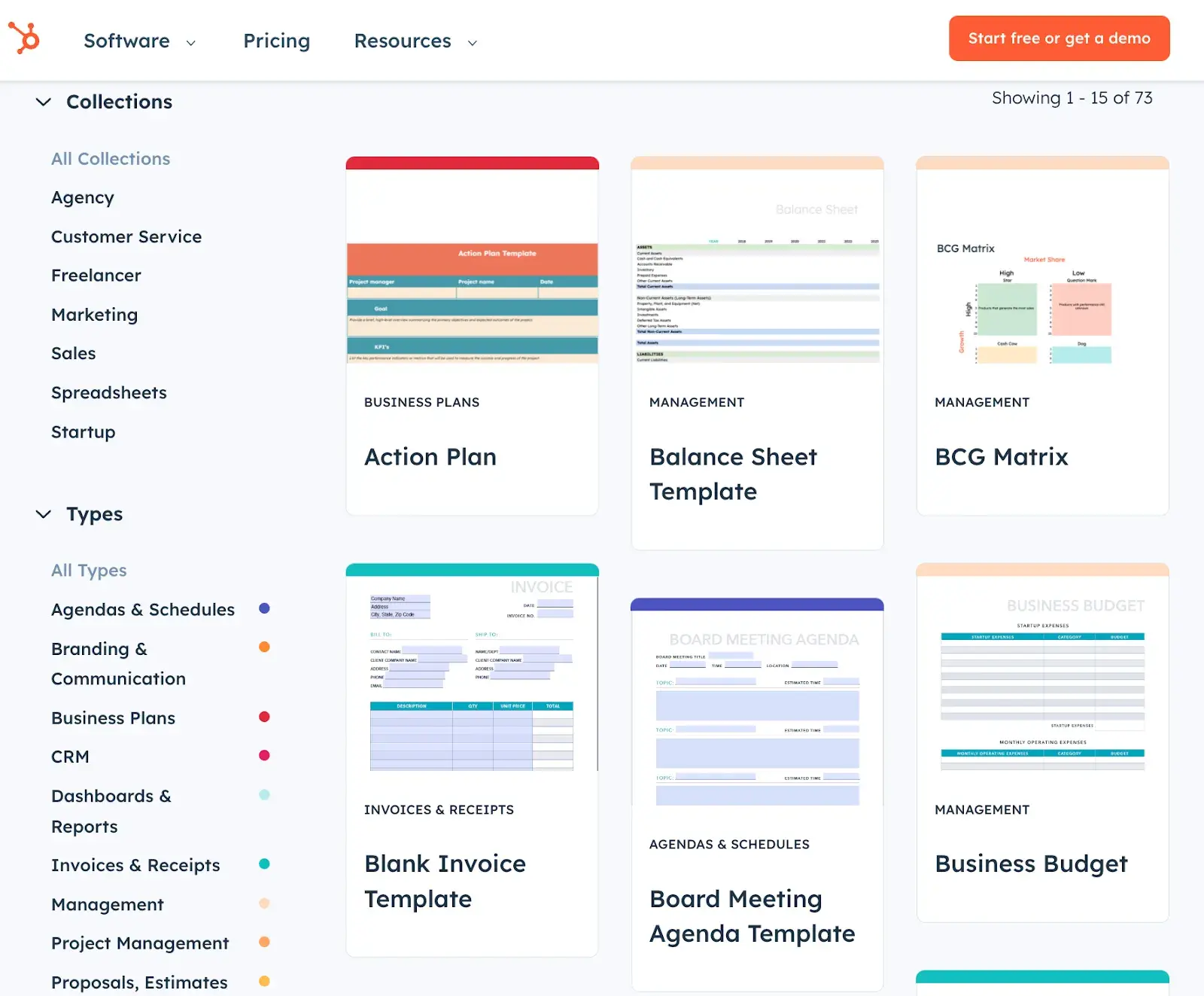 screenshot of hubspot list of free excel templates