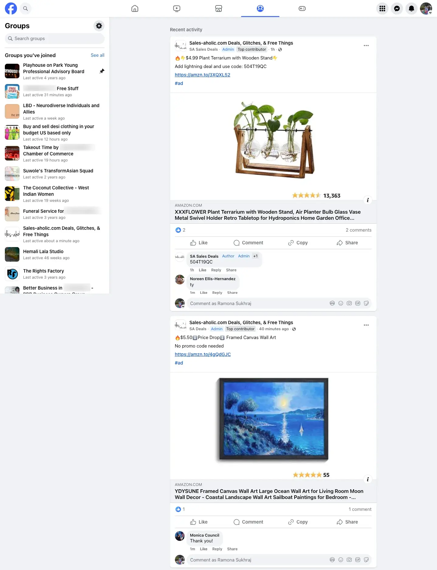 Screenshot showing the Facebook Groups page