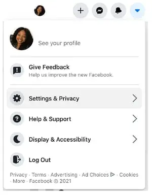 Screenshot showing where to find your “settings & privacy” options on Facebook