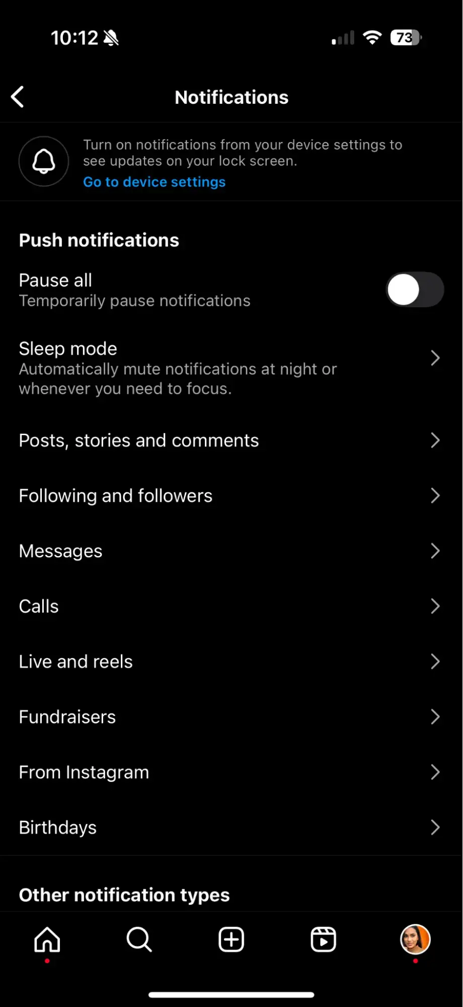 screenshot showing the notification options on instagram.