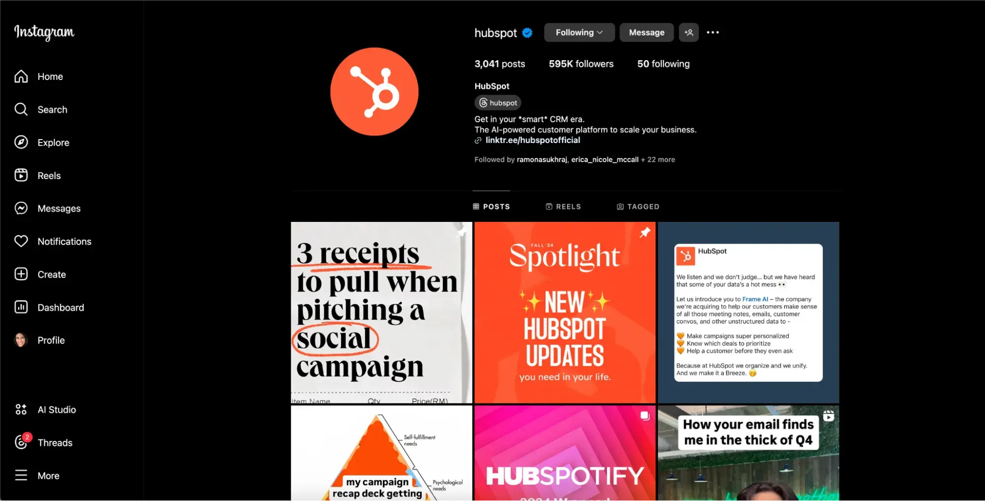 screenshot showing hubspot’s instagram account on a web browser on desktop