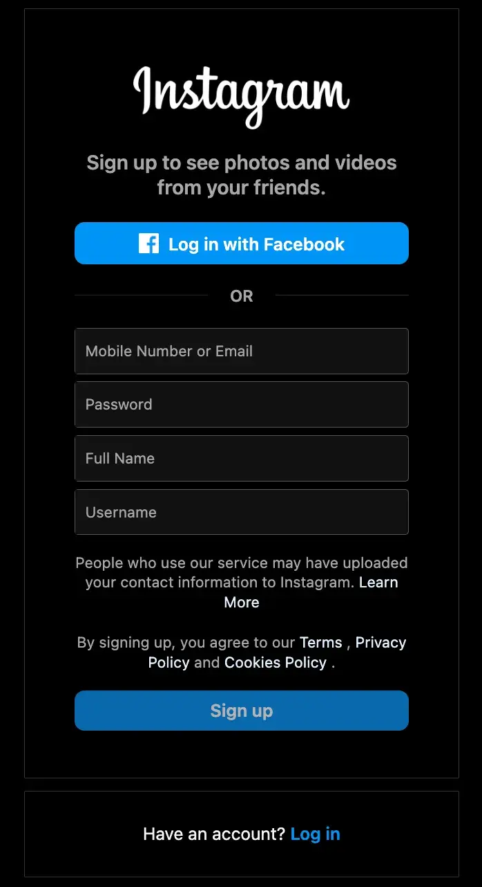 screenshot showing the form to create an instagram account.