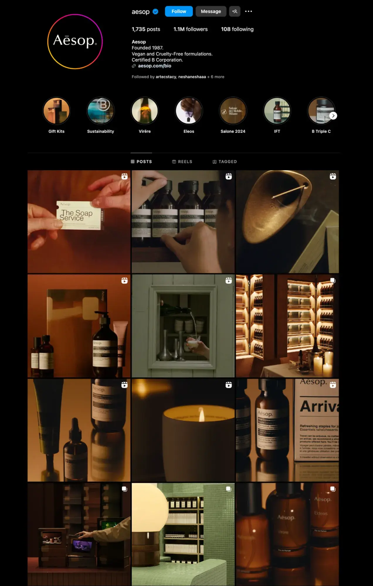 screenshot showing how aesop skincare’s instagram account.