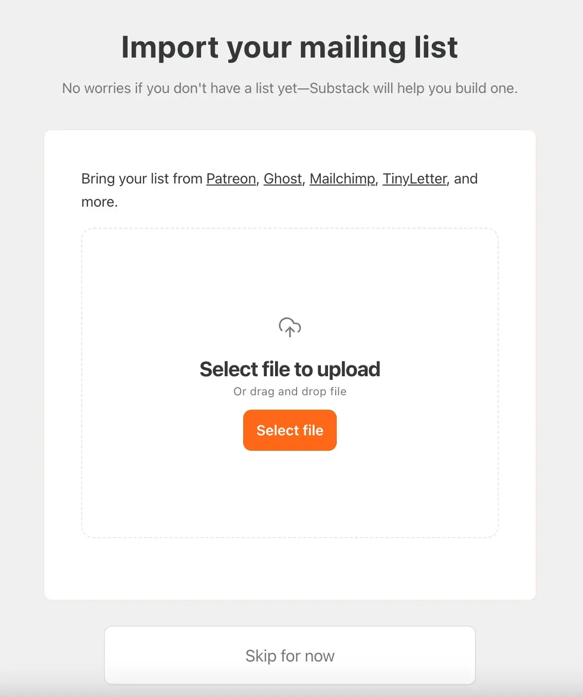 Screen requesting you import a mailing list while setting up your Substack.