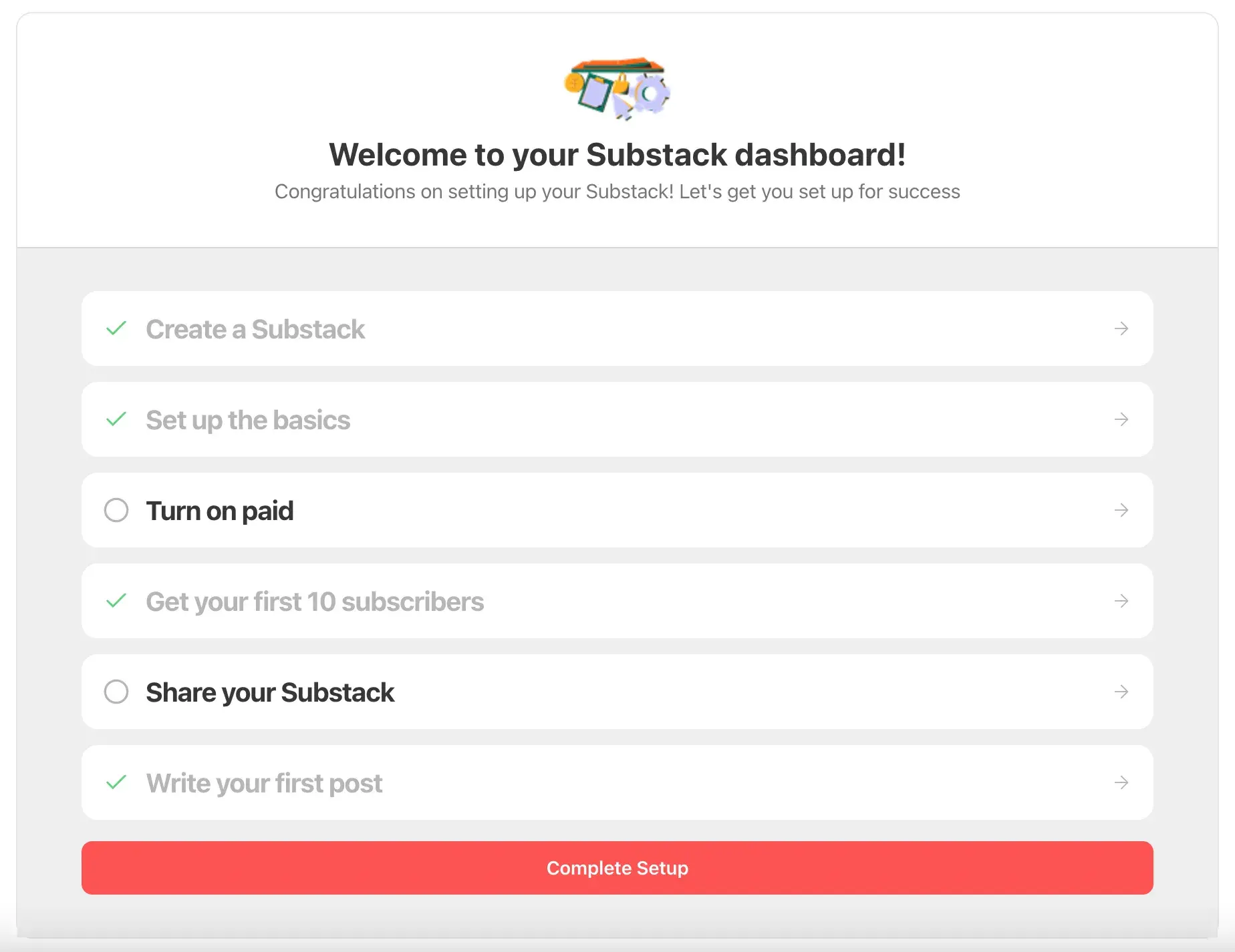 The Substack writer’s dashboard setup tasks.