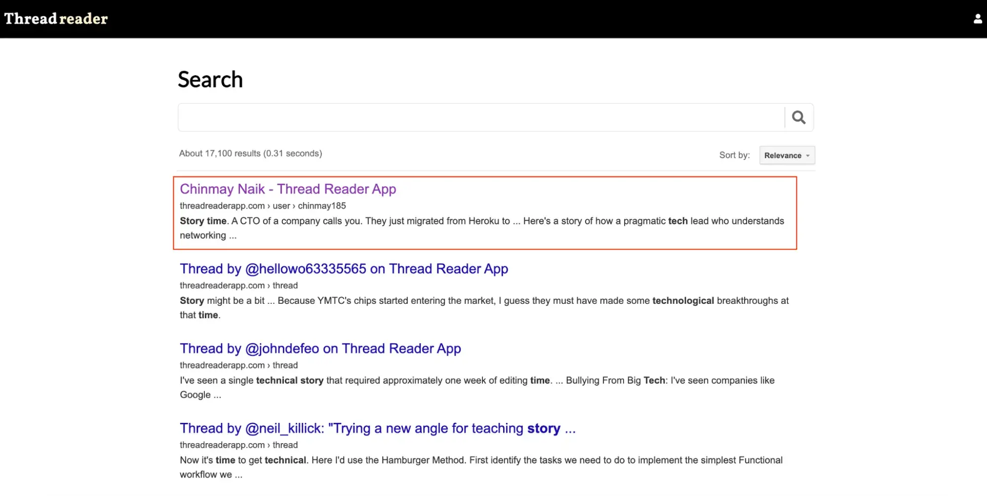 Results of my keyword search in threadreader