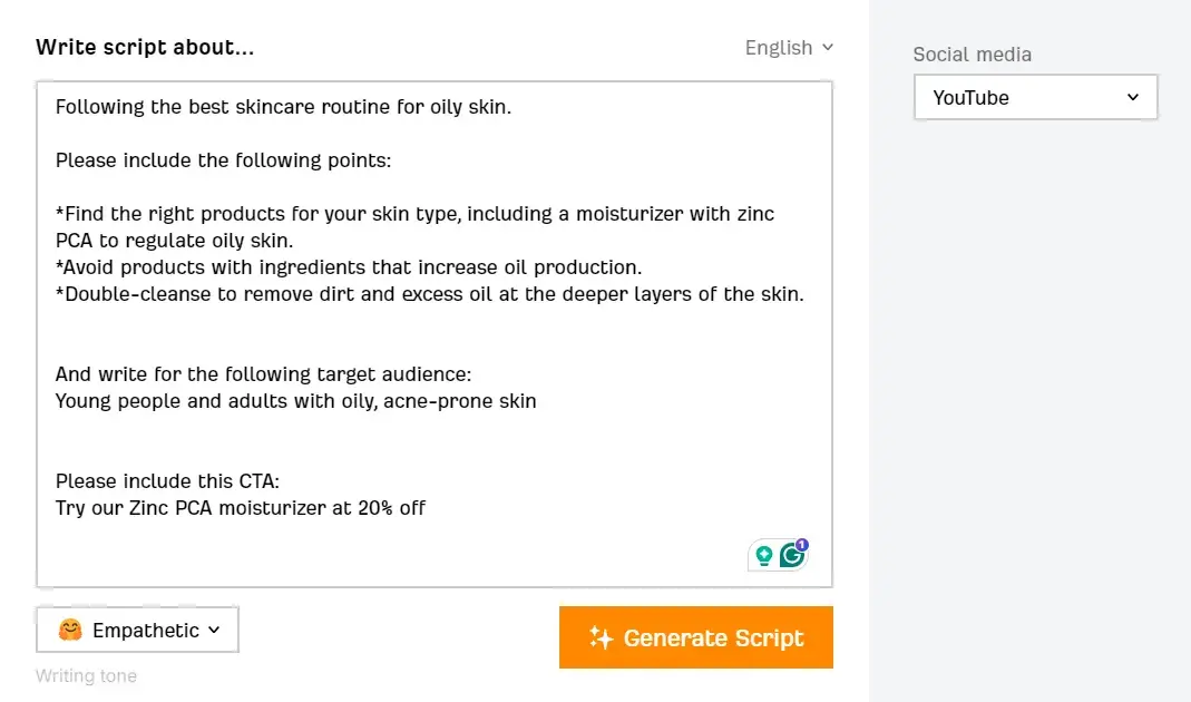 how to write a video script with ai: Inputting the tone ‘empathetic’ into Ahrefs video script generator 