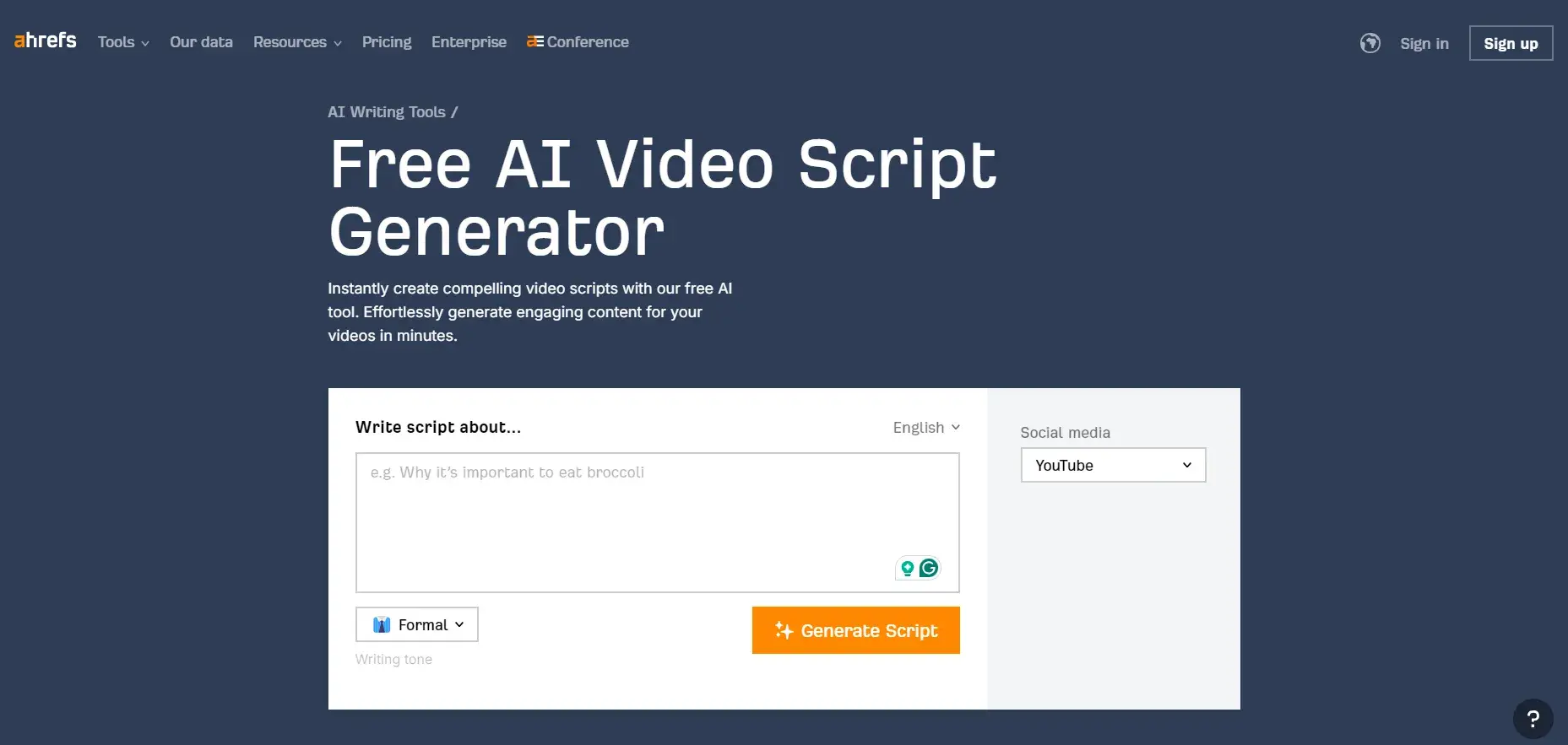  An example of Ahref’s video script generator’s prompt box 