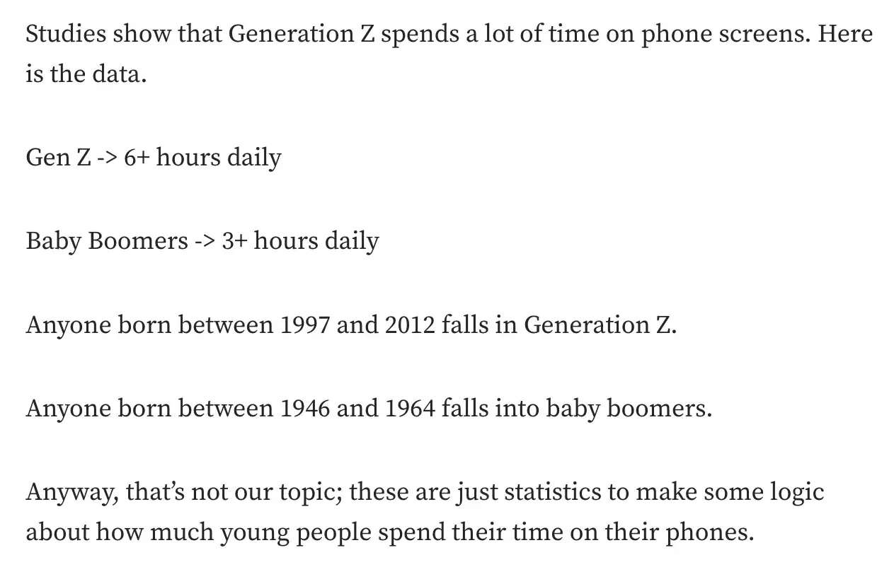  good intro sentence example - use shocking statistics: “Gen Z spends 6+ hours on their phones daily and Baby Boomers 3+ hours daily.”