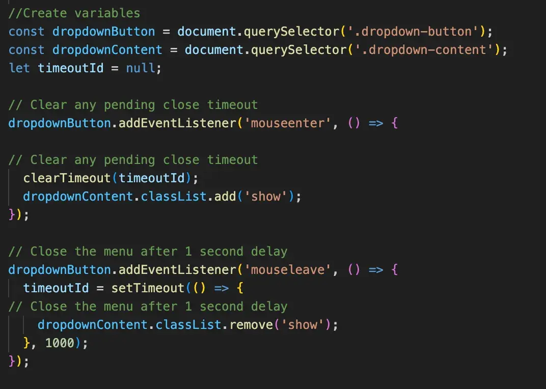 Screenshot of code showing dropdown menu hover timing