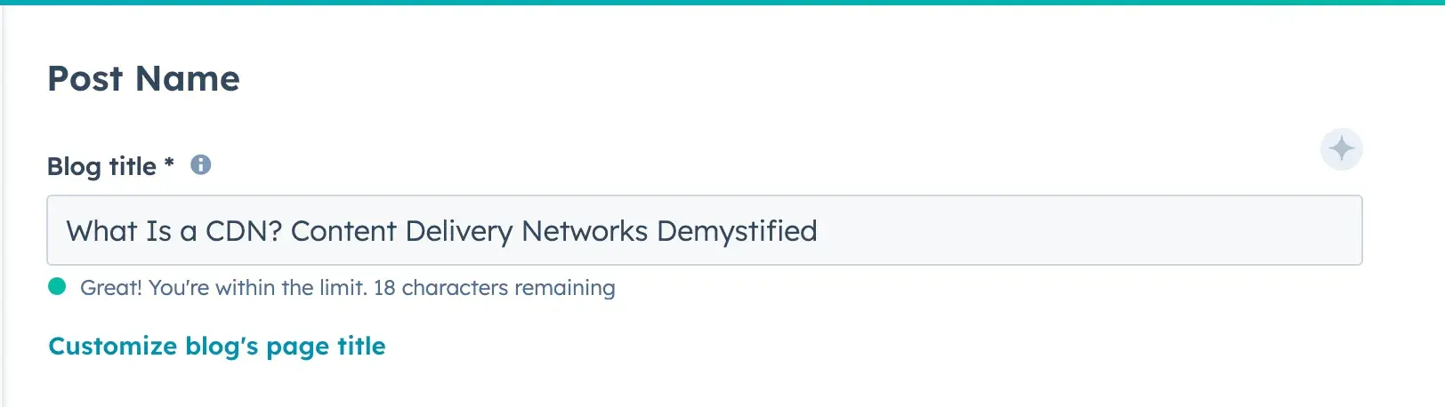 Screenshot of the HubSpot CMS post name section with a clickable link that reads, “Customize blog’s page title”