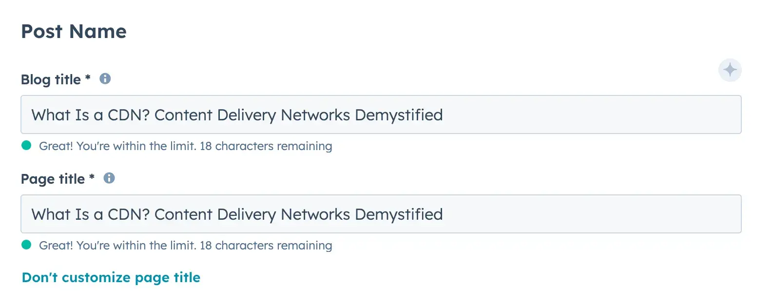 Screenshot of the HubSpot CMS post name section with one field for “Blog title” and a separate field for “Page title”