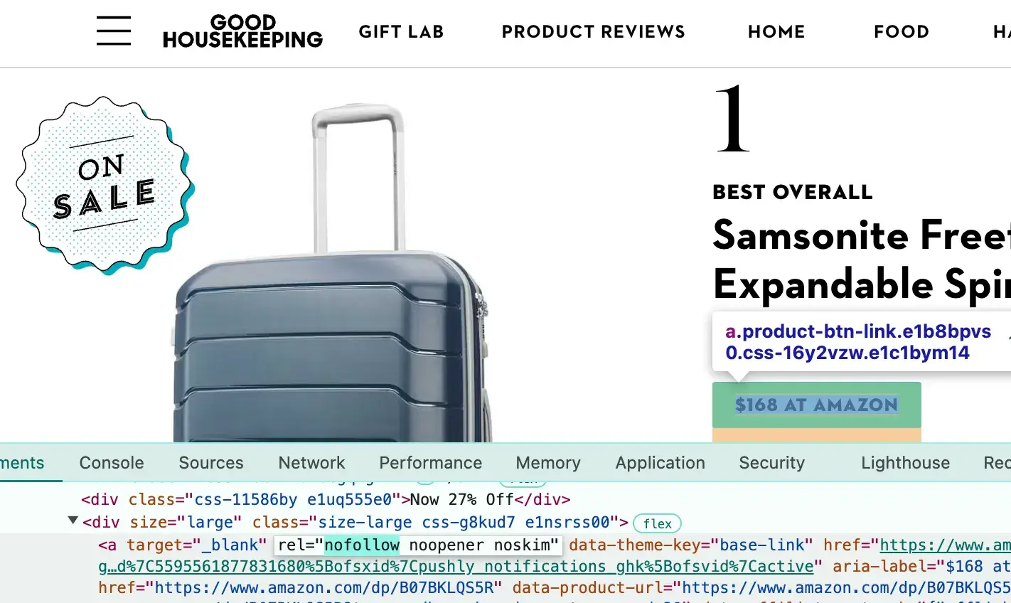 Inspect Element tool showing the “nofollow” tag on a Good Housekeeping web page