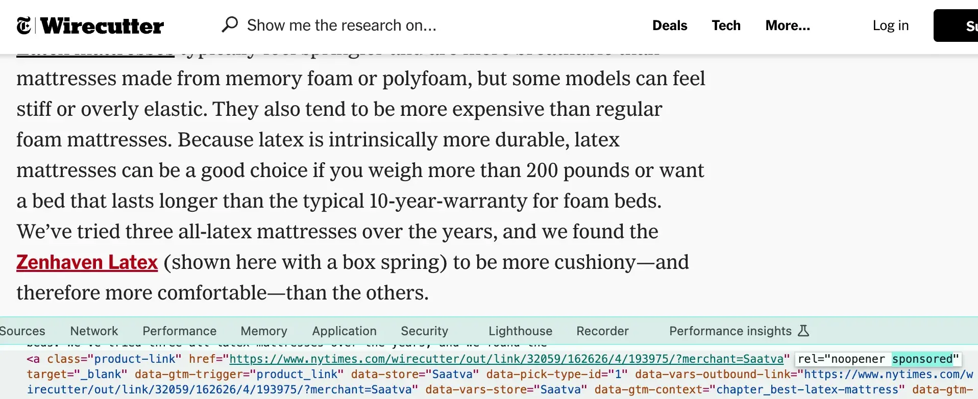 Inspect Element tool showing the “sponsored” tag on a Wirecutter web page