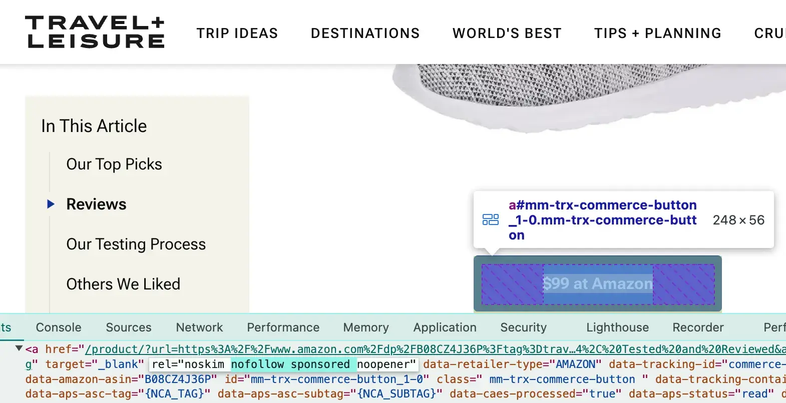 Inspect Element tool showing the “nofollow” and “sponsored” tags on a Travel + Leisure web page