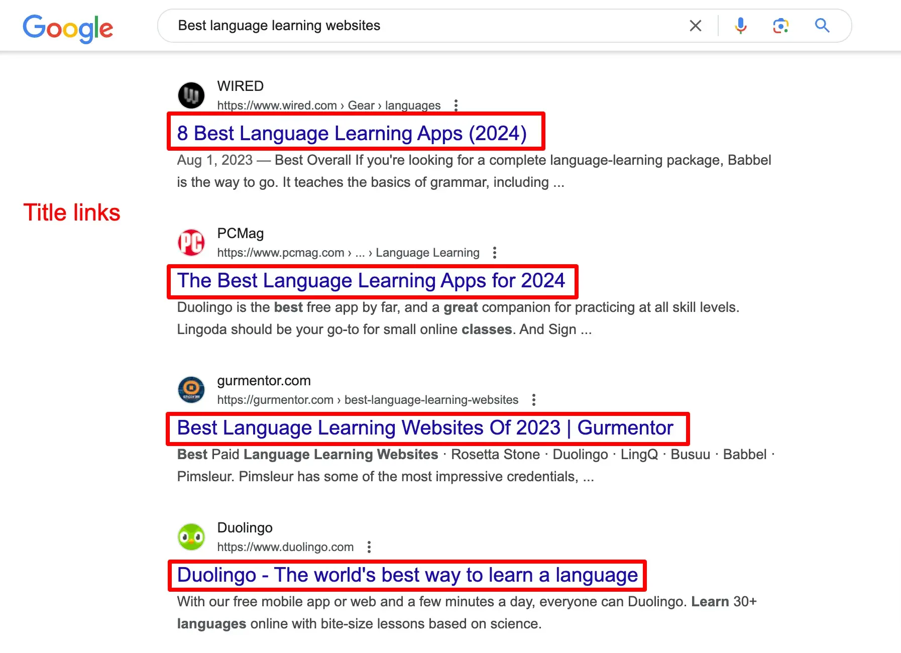 The first four Google results for the term “best language learning websites” with title links highlighted